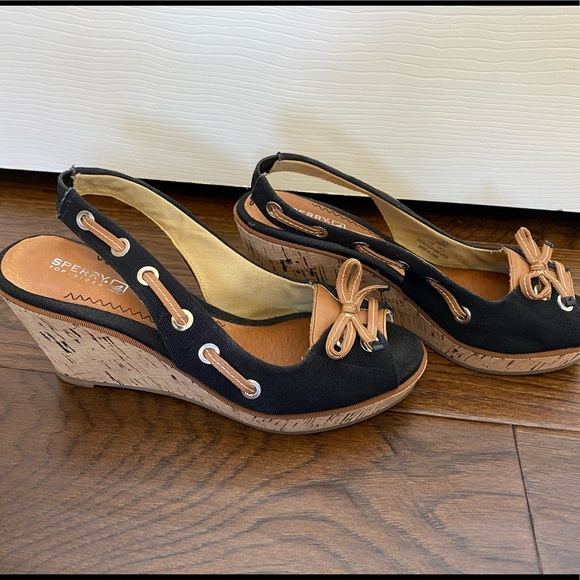 Sperry Wedge Espadrille black leather nautical 9 - Picture 3 of 7